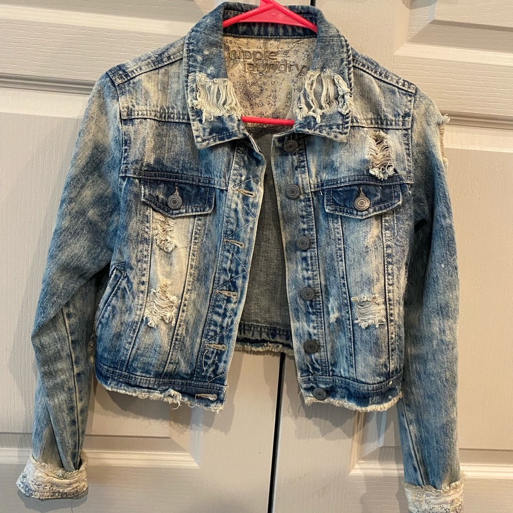 Distressed denim cropped jacket